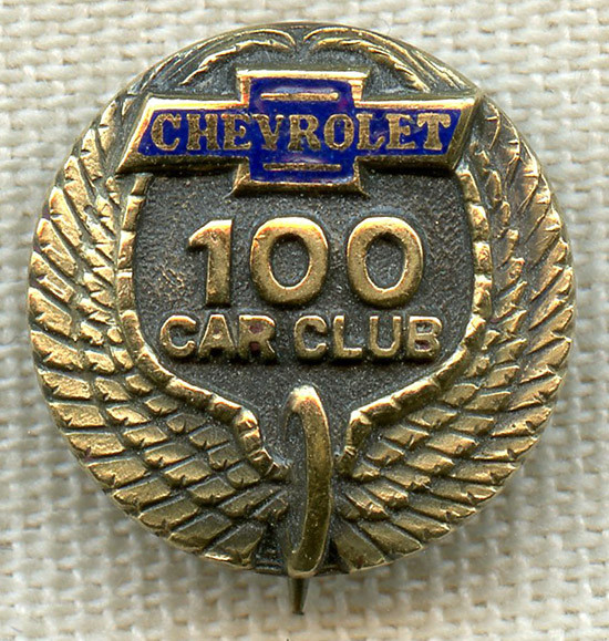 Vintage 1930s Chevrolet Salesman 100 Car Club 10K Gold Lapel Pin