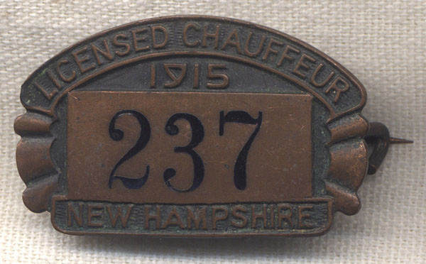 Stunning 1915 New Hampshire Licensed Chauffeur Badge #237
