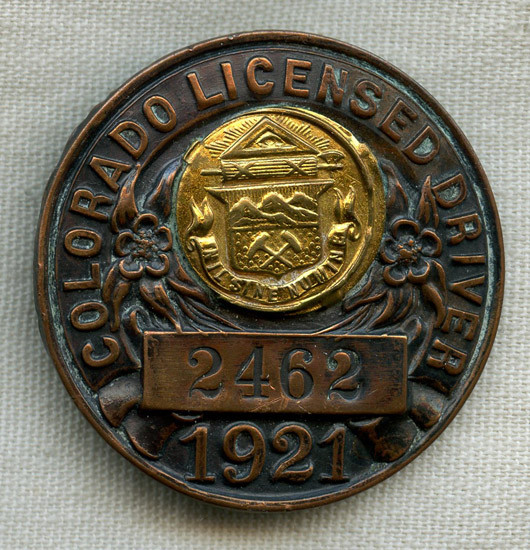 Scarce 1921 Colorado Vintage Licensed Driver Badge in Copper & Gilt Brass