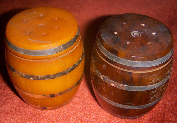 Great Pair 1920s Catalin Plastic "Barrel" Salt & Pepper Shakers with Silver Inlay