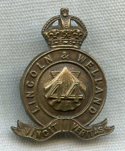 Scarce Early WWI 44th Lincoln & Welland Regiment Collar Badge by J. Gaunt, Montreal