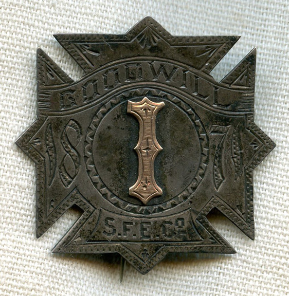 Beautiful 1870's Good Will Steam Fire Engine Co. # 1 Badge from Pottstown, PA in Silver and Gold