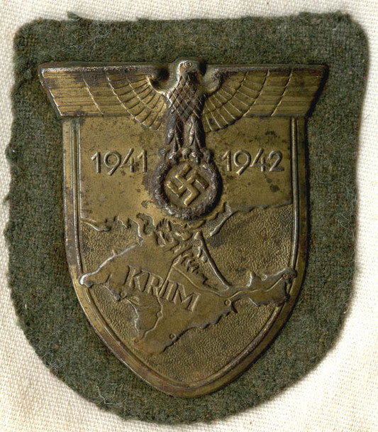 Nice "Salty" WWII Krim Shield on Field Grey Wool