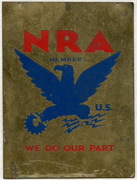 1930's National Recovery Act Painted Brass Sign. Great Display Size!