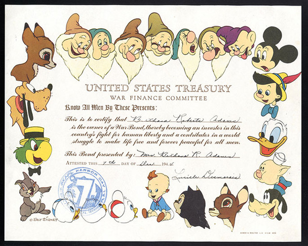 WWII Disney Design US Treasury War Bond Ownership Cert. with "Pearl Harbor Day" Stamp