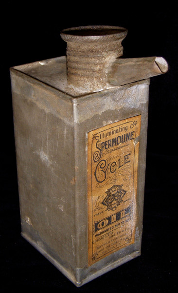 1890s Leaded Tin Oil Can Labeled for Illuminating Spermoline Cycle Oil NO LONGER AVAILABLE