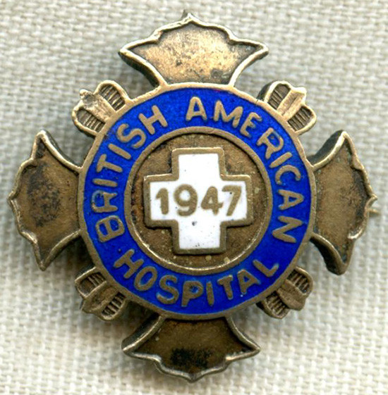Rare 1947 British American Hospital (La Molina, Peru) Nursing School Graduation Pin in Gilt Silver
