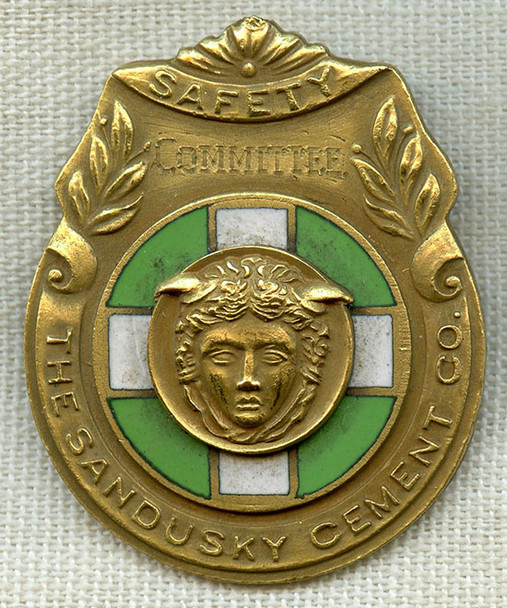 Gorgeous Early 1930's Sandusky Cement Co. Safety Committee Member Badge - aka Medusa Portland Cement