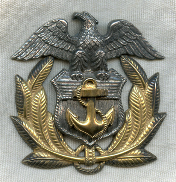 Beautiful High-Quality WWII US Merchant Marine Officer Hat Badge by H&H in Gilt Sterling