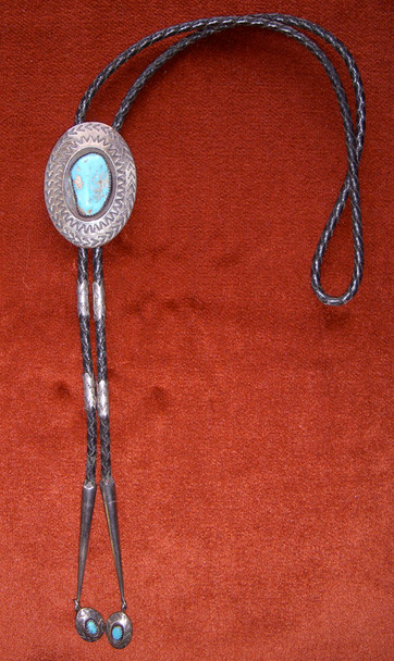 Beautiful 1960s-70s Navajo Silver & Sleeping Beauty Turquoise Shadow Box Bolo w/matching Tips