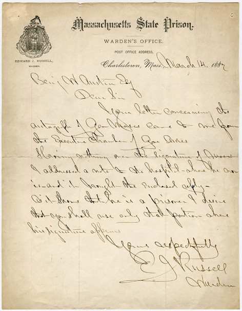 Cool 1887 Letter from Charlestown, Massachusetts State Prison Signed by Warden (Ex-Civil War Capt.)