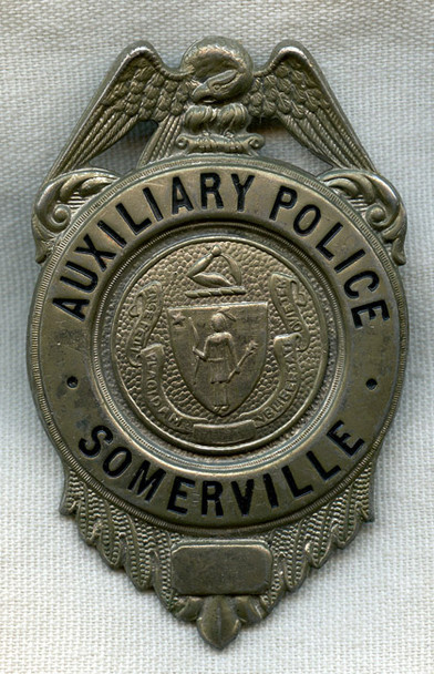 Large!!! Ca. 1930s-1940s Somerville, Massachusetts Auxiliary Police Hat Badge