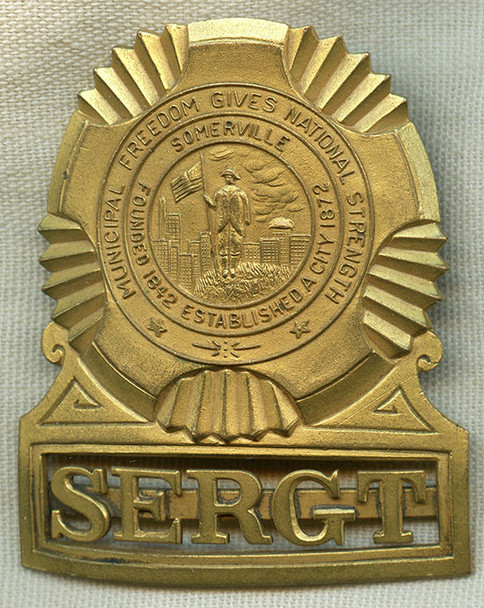Beautiful 1930's - 1940's Somerville, MA Police Sergeant Custom Die Hat Badge in Gilt Brass