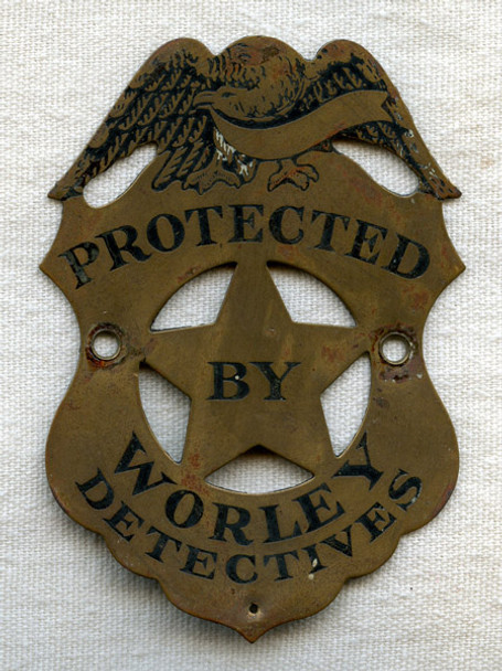 Old Brass Worley Detectives Warning Sign ca 1910s - 1920s