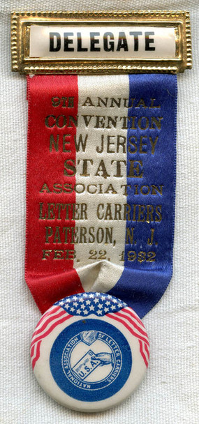 Mint 1932 New Jersey State Federation of Post Office Clerks Convention Delegate Ribbon with Button