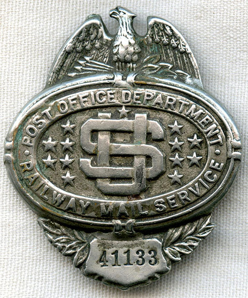 1910's US Post Office Dept. Railway Mail Service Clerk Badge #'d 41133