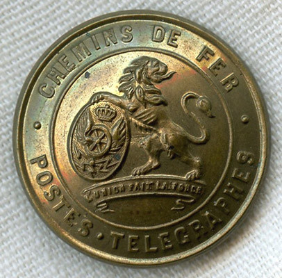 Pre-WWI Belgian Chemins de Fer Postes-Telegraphes (Railway, Post, Telegraph) Agent Uniform Button