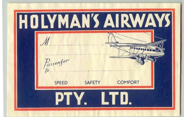 1920s-1930s Australian Holyman's Airways Baggage Label