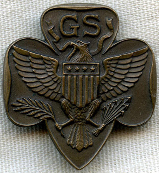 BEING RESEARCHED - Large, early Girl Scouts Trefoil Hat Badge in Bronze - NOT FOR SALE UNTIL IDed