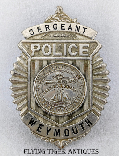 Great old ca 1940 Weymouth MA Police Sergeant Clamshell Badge with