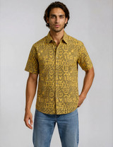 Halona Block Print Native Motifs Short Sleeve Shirt - Yellow