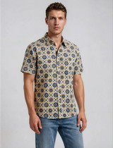 Halona Geometric Flower Block Print Short Sleeve Shirt - Beige & Blue