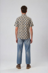 Halona Geometric Flower Block Print Short Sleeve Shirt - Beige & Blue