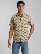 Halona Inverted Lotus Block Print Short Sleeve Shirt - Beige & Blue