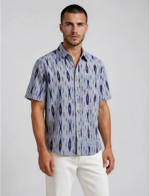 Halona Ikat Constellation Short Sleeve Shirt – Light Blue