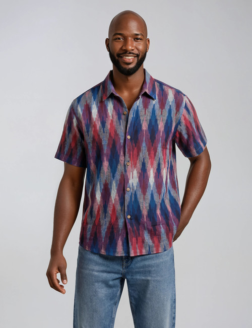 Halona Ikat Camp Shirt - Vibrant Blue Purple Red