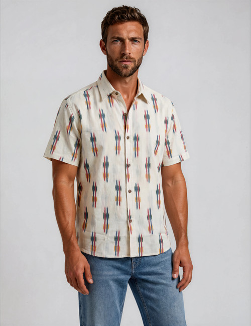 Halona Ikat Skyline Short Sleeve Shirt – Light Beige