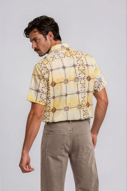Halona Block Print Sun and Cross Lines Short Sleeve Shirt - Yellow