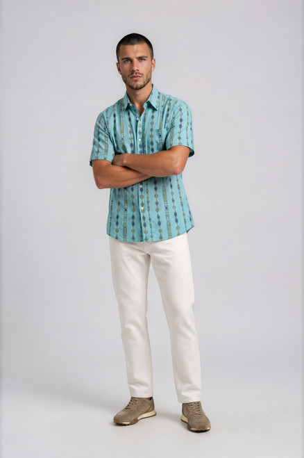 Halona Vertical Motif Short Sleeve Shirt - Aqua