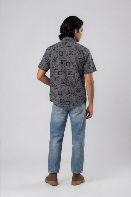 Halona Native Symbols Block Print Short Sleeve Shirt - Black
