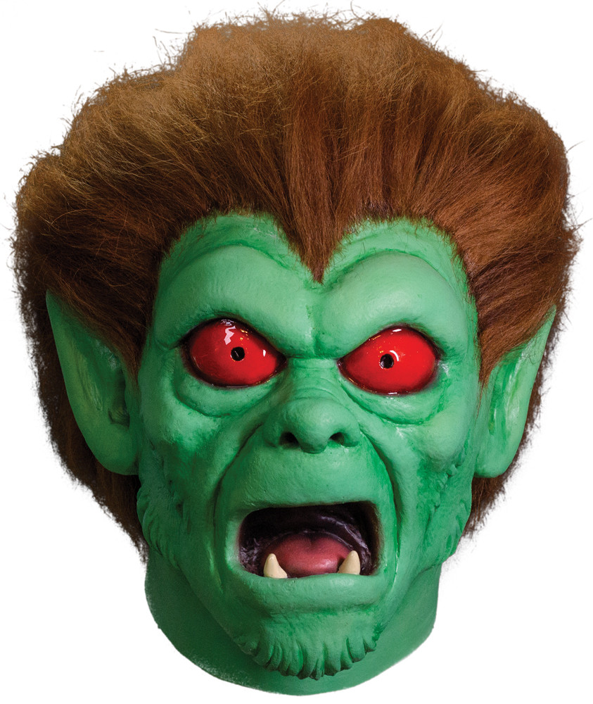 Latex werewolf costume mask with green skin, red eyes, open snarling mouth with fangs, and brown frizzy hair.