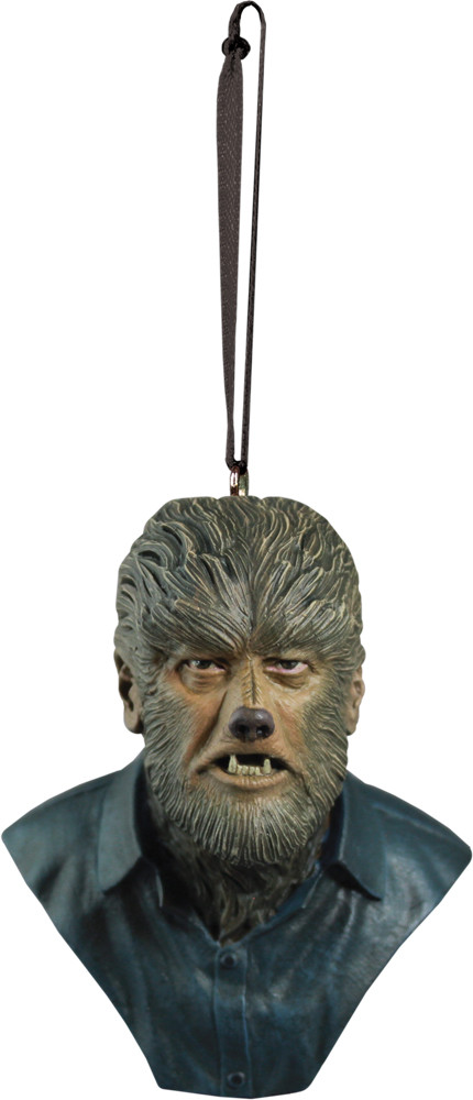 Wolfman bust ornament with detailed fur texture, fanged snout, and blue shirt collar, hanging from a brown ribbon loop.
