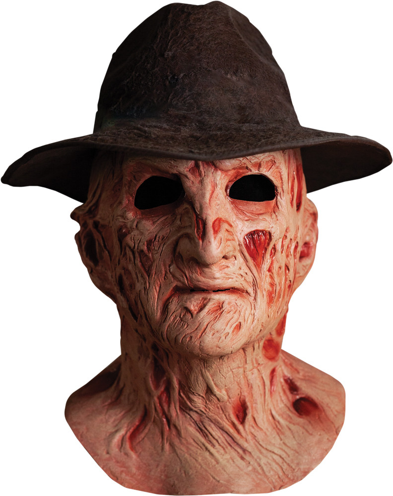 Trick or Treat Studios Freddy Krueger deluxe latex mask with attached brown fedora hat, featuring scarred burned face detail.