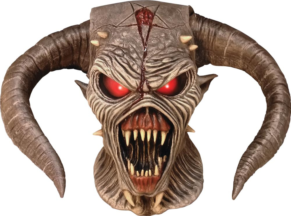 Iron Maiden Legacy of the Beast Eddie latex Halloween mask with large curled horns, glowing red eyes, and open fanged mouth.