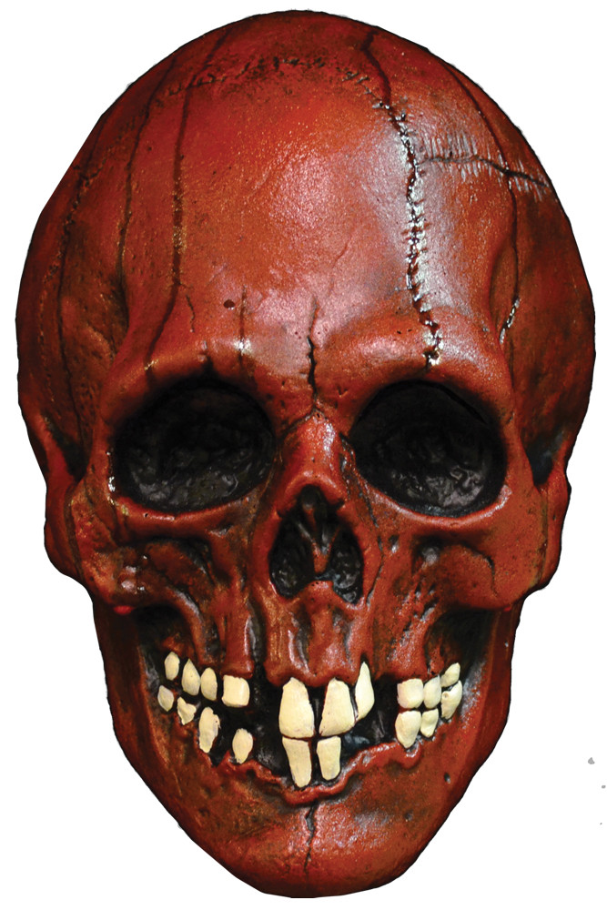 Blood-red latex skull Halloween mask with hollow eye sockets, cracked texture, and exposed yellowed teeth on white backgro…