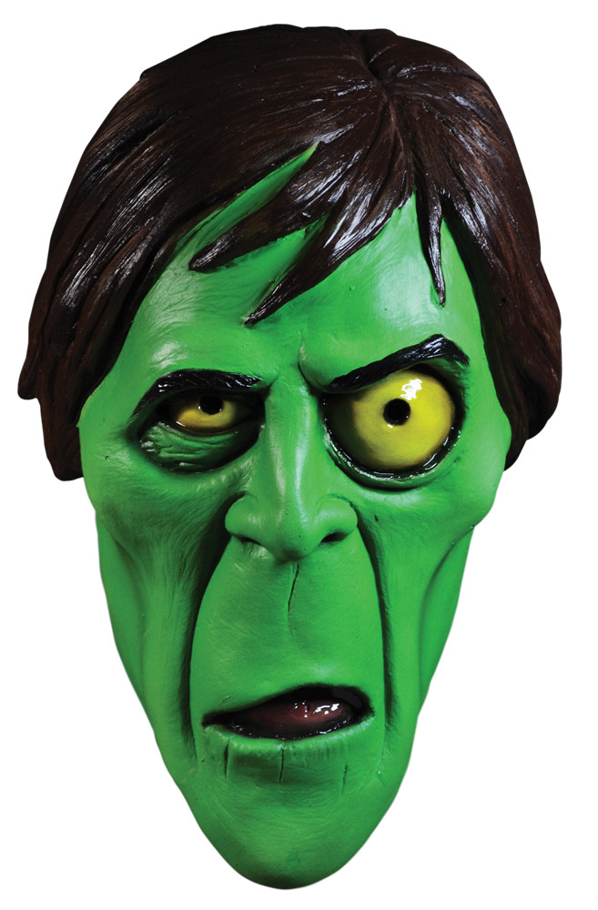 Latex Halloween mask with bright green skin, yellow eyes, dark brown hair, and a horrified expression, styled after the Cr…