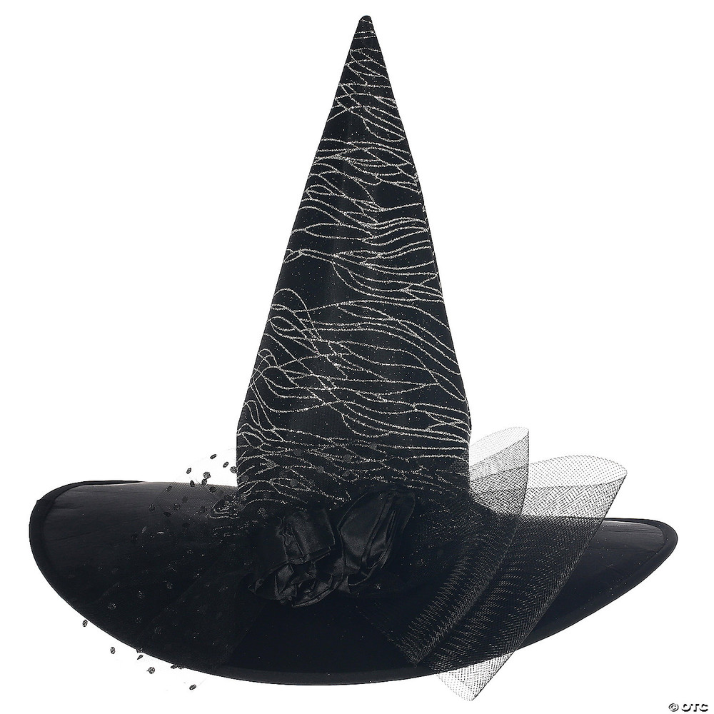 Adult's Deluxe Black Witch Hat with Silver Glitter & Tulle
