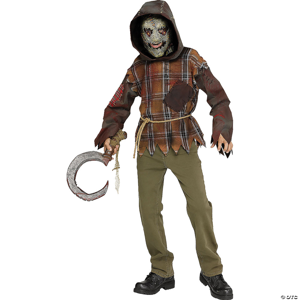 Child wearing Kornfield Killer Halloween costume with tattered plaid hoodie, zombie mask, olive pants, and bloody sickle p…