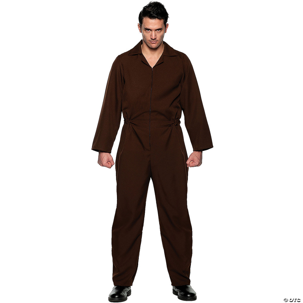 Adult man wearing a plain dark brown zip-front jumpsuit costume with long sleeves and a relaxed fit, paired with black shoes.