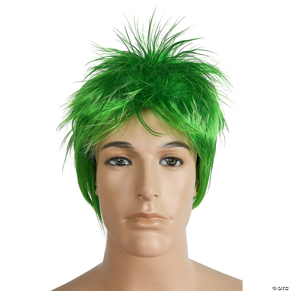Mannequin head wearing a bright green spiky punk-style costume wig with wild, jagged strands sticking upward.