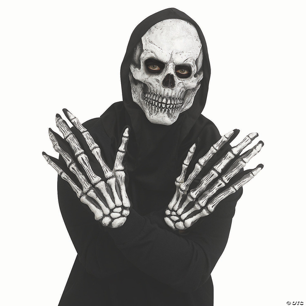 Adults Grey Skull Mask with Hood & Long-Fingered Gloves