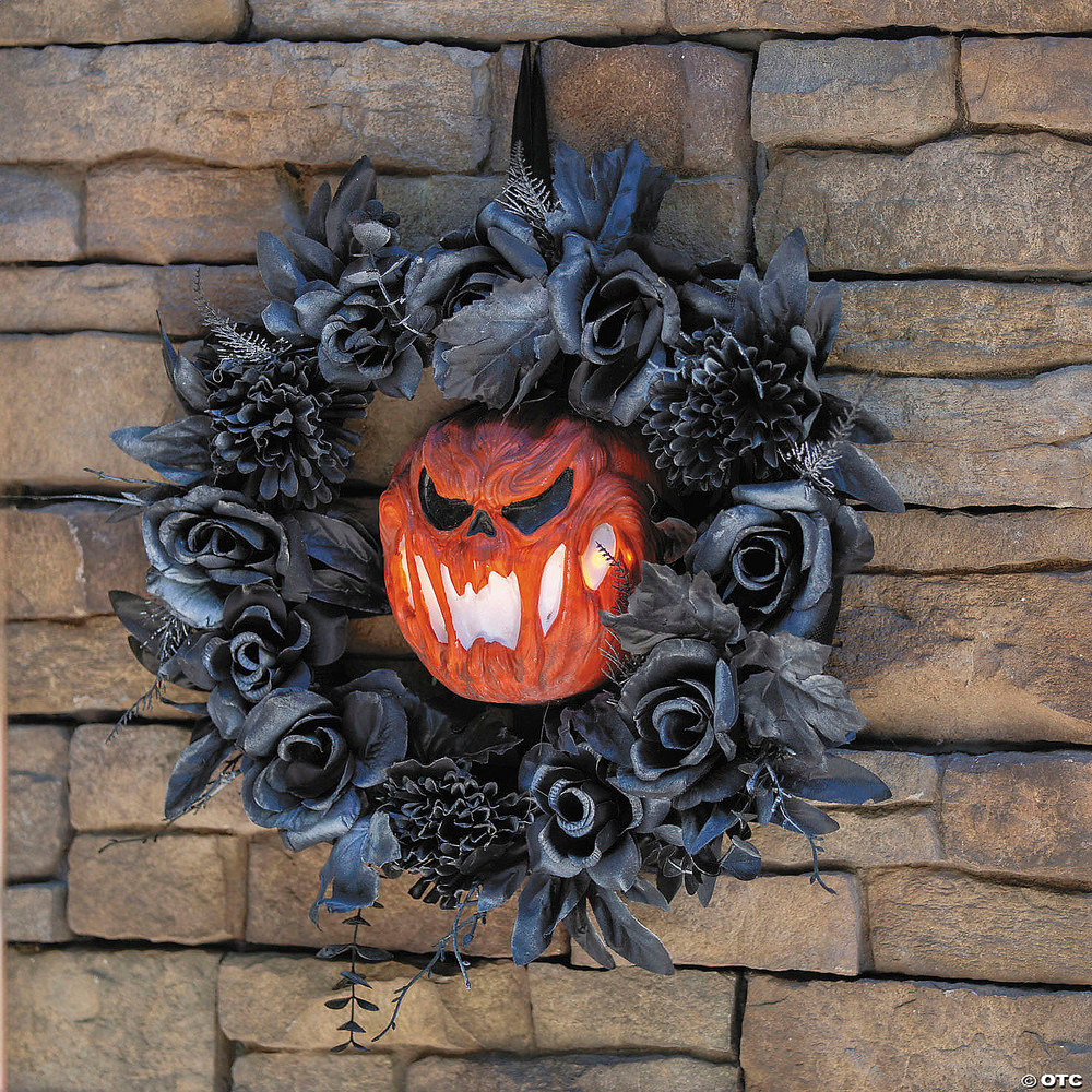 17 1/4" Black Floral Wreath with Light-Up Pumpkin Halloween Decoration