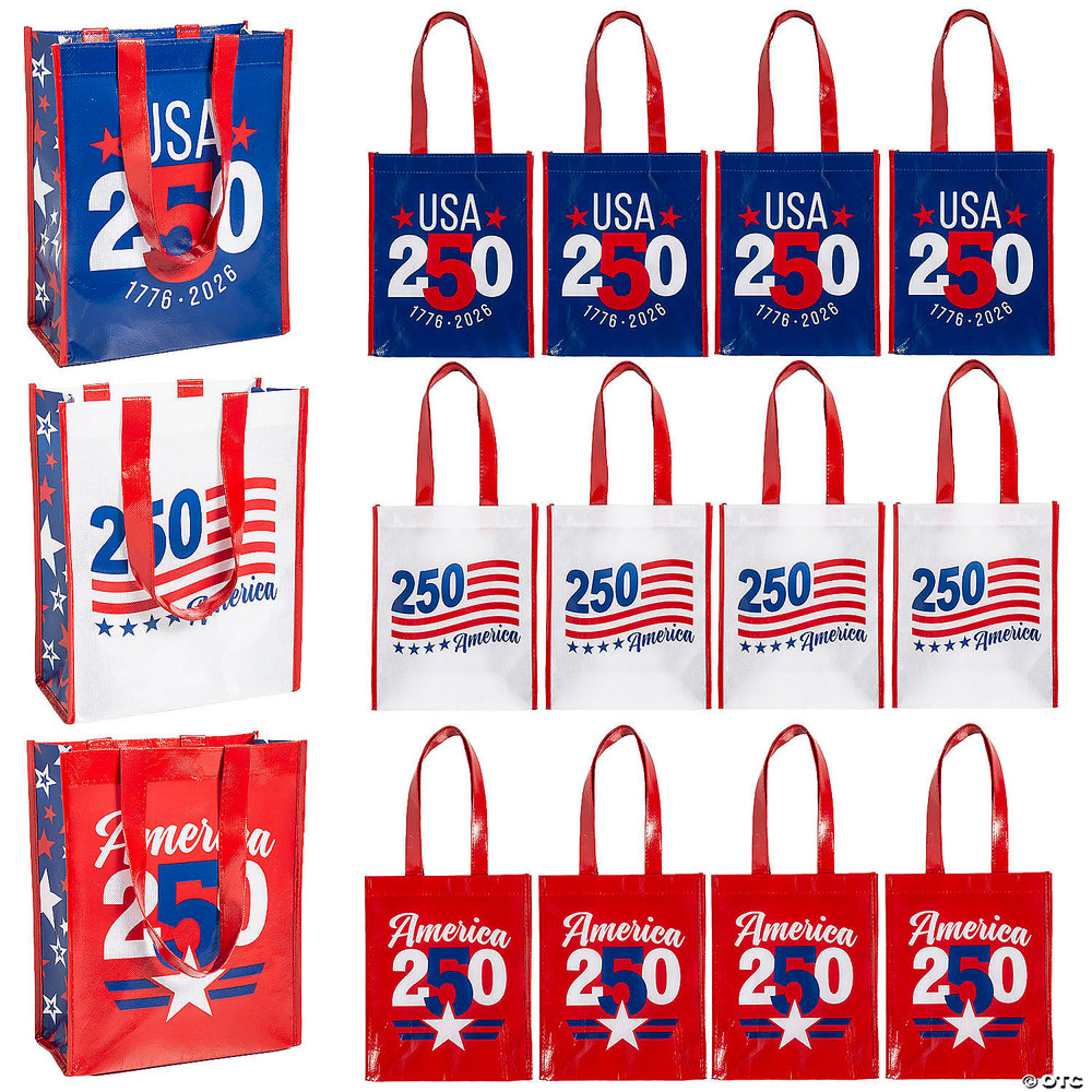 9" x 11" Medium Patriotic America 250th Anniversary Laminated Shopper Tote Bags – 12 Pc.