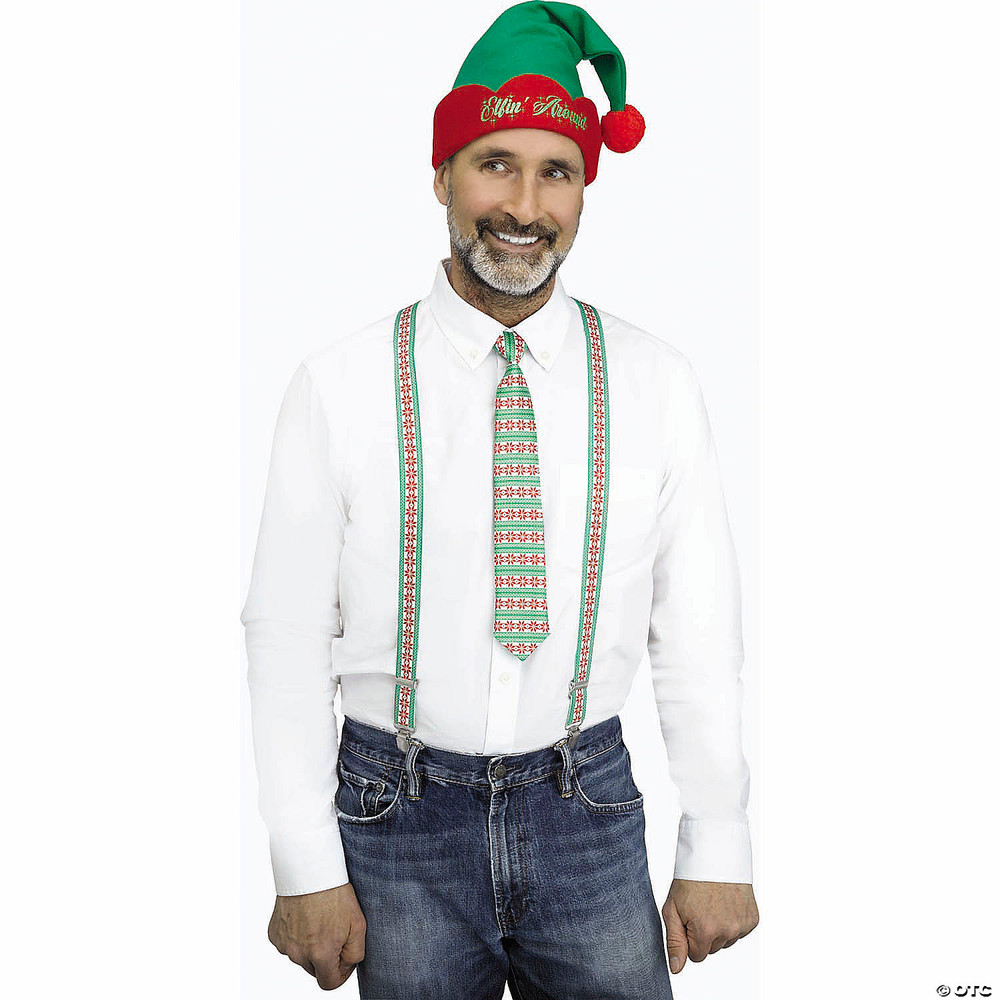 Adults Red, White & Green Stripe Holly Day Christmas Suspenders Kit