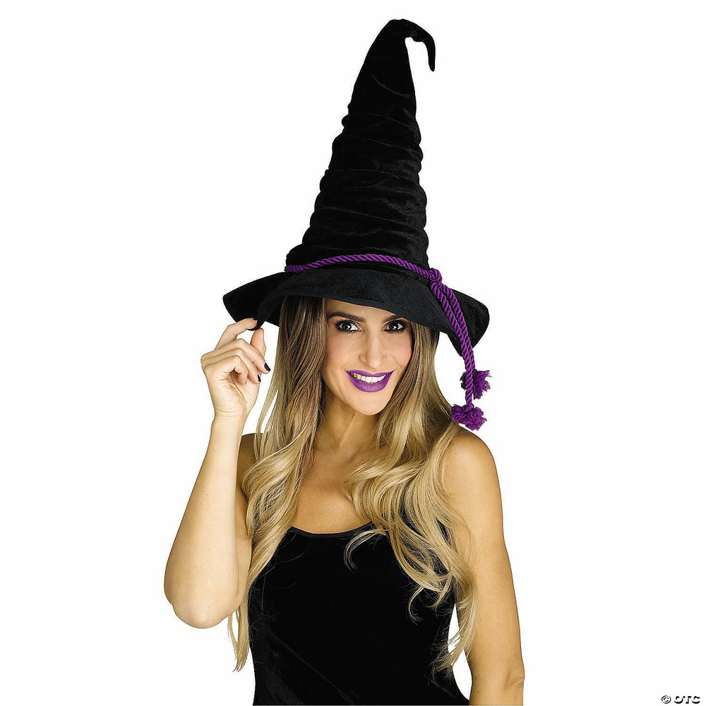 Adults Black Velour Witch Hat with Purple Rope