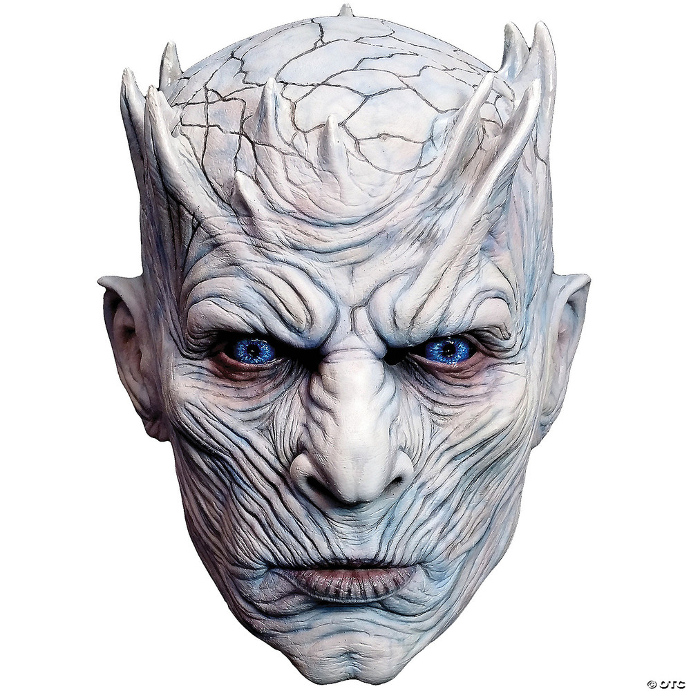 Game of Thrones Night King latex Halloween mask with pale cracked skin, blue eyes, and horned crown detail.